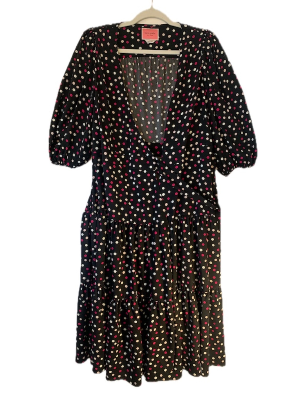 Kate Spade Polka Dot Ruffle Wrap Dress Black Pink Magenta Blouson Sleeve